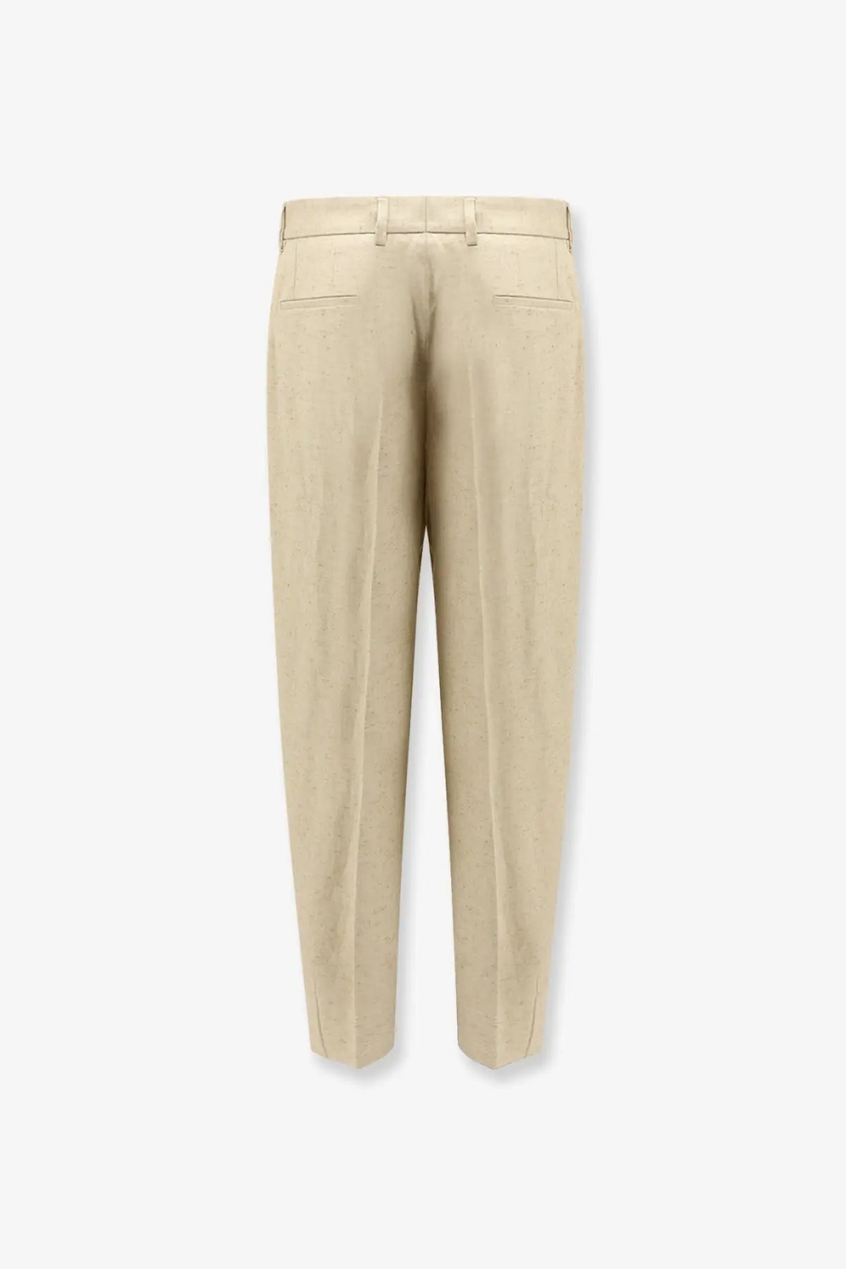 Beige tailored Dolce &amp; Gabbana men’s linen and silk trousers with a clean structured design and subtle front pleats