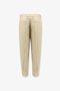 Beige tailored Dolce &amp; Gabbana men’s linen and silk trousers with a clean structured design and subtle front pleats