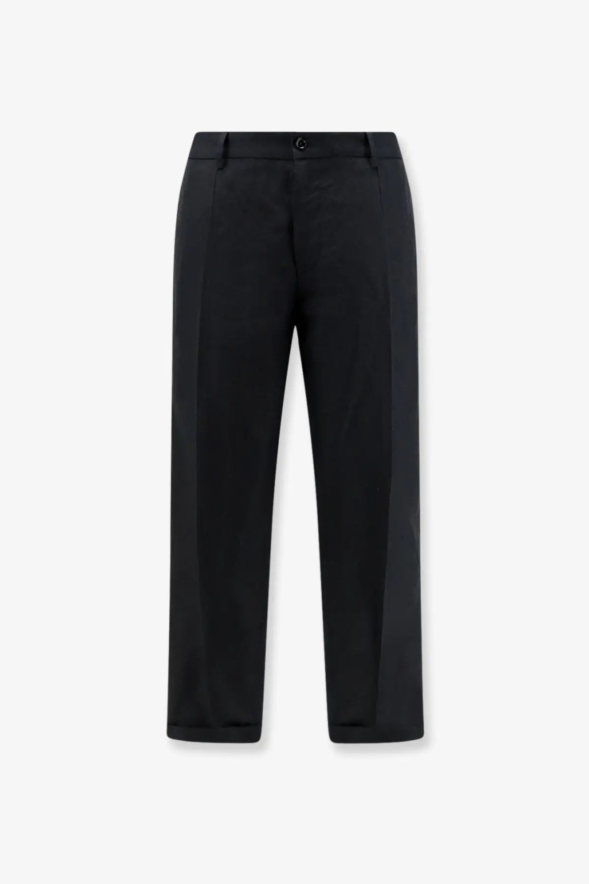 Dolce &amp; Gabbana men’s black linen trousers with a sleek straight-leg cut and subtle pleats at the waistband