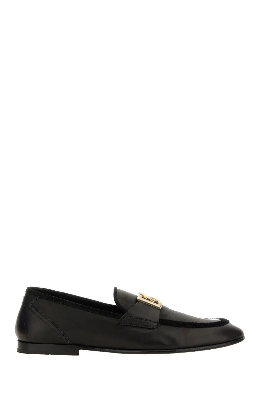 Dolce &amp; Gabbana men’s black leather loafer with gold-tone logo buckle elegant slip-on shoe