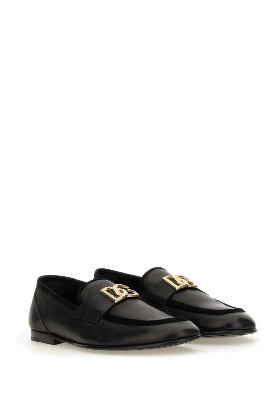 Dolce &amp; Gabbana men’s black leather loafers with gold tone dg logo buckles suitable for formal wear