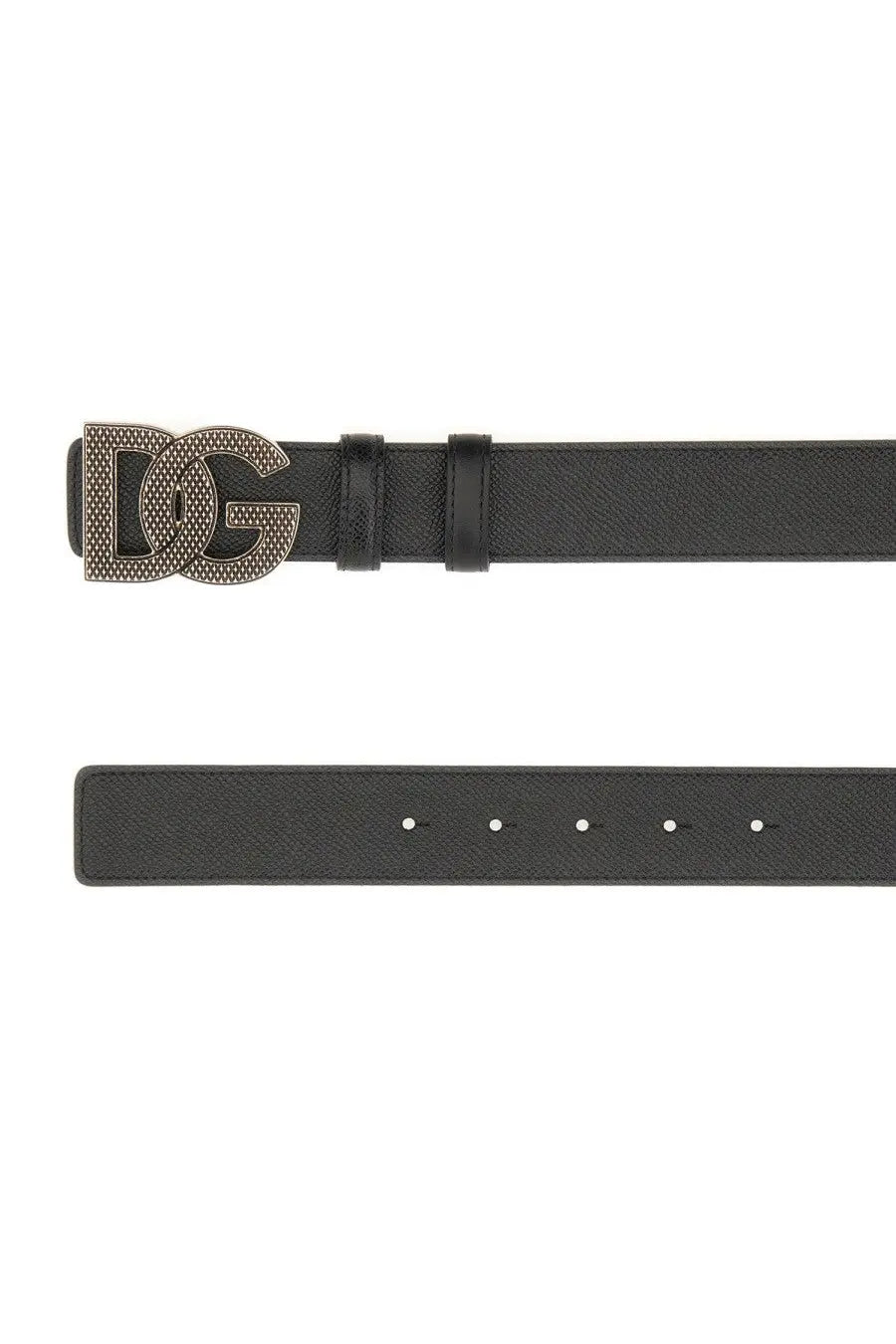 Dolce &amp; Gabbana men’s black leather belt with silver-toned dg logo buckle featuring textured diamond pattern