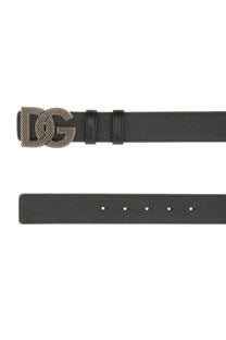 Dolce &amp; Gabbana men’s black leather belt with silver-toned dg logo buckle featuring textured diamond pattern