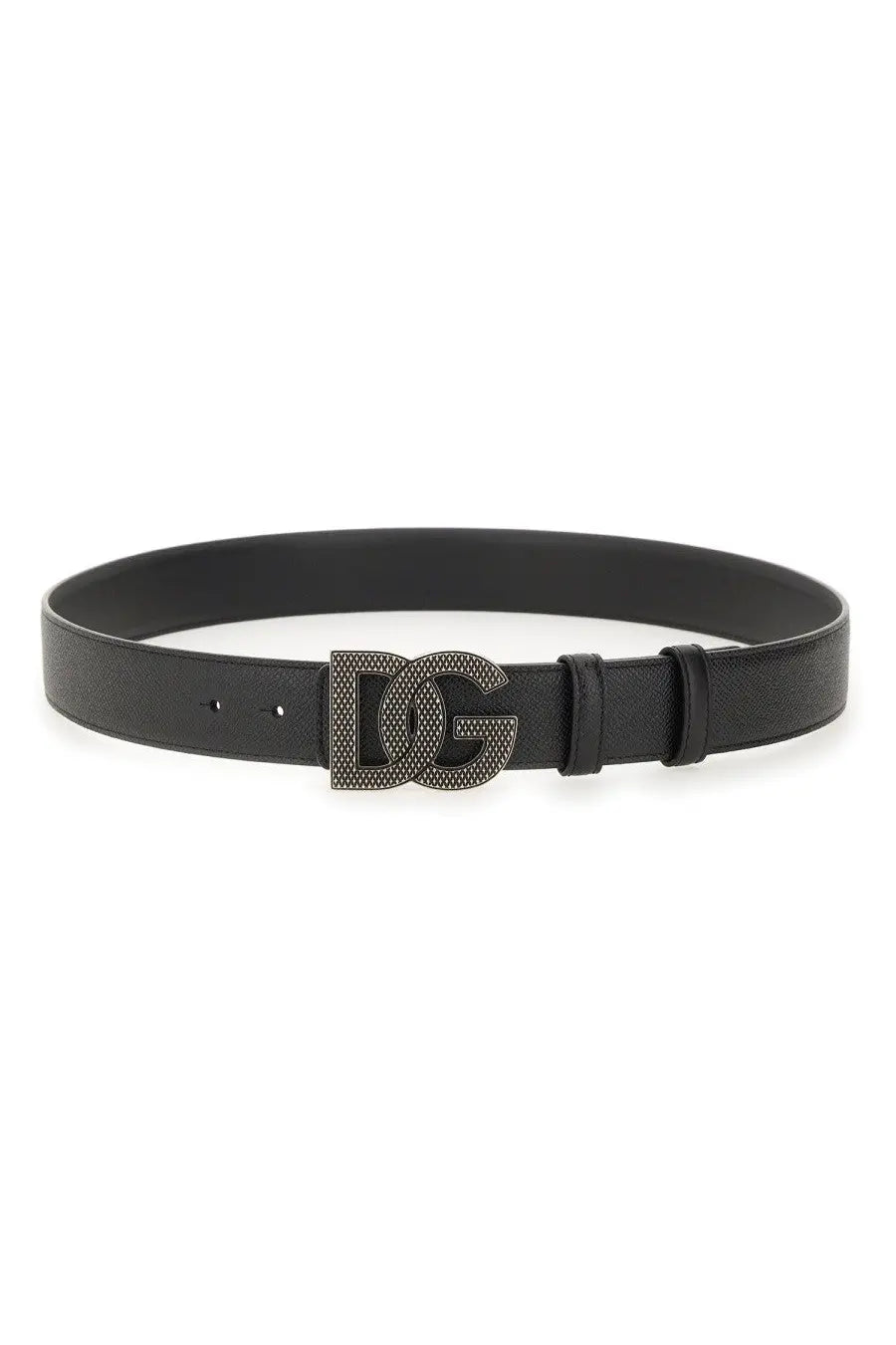 Dolce &amp; Gabbana men’s black leather belt with silver-toned dg logo buckle featuring a textured diamond pattern