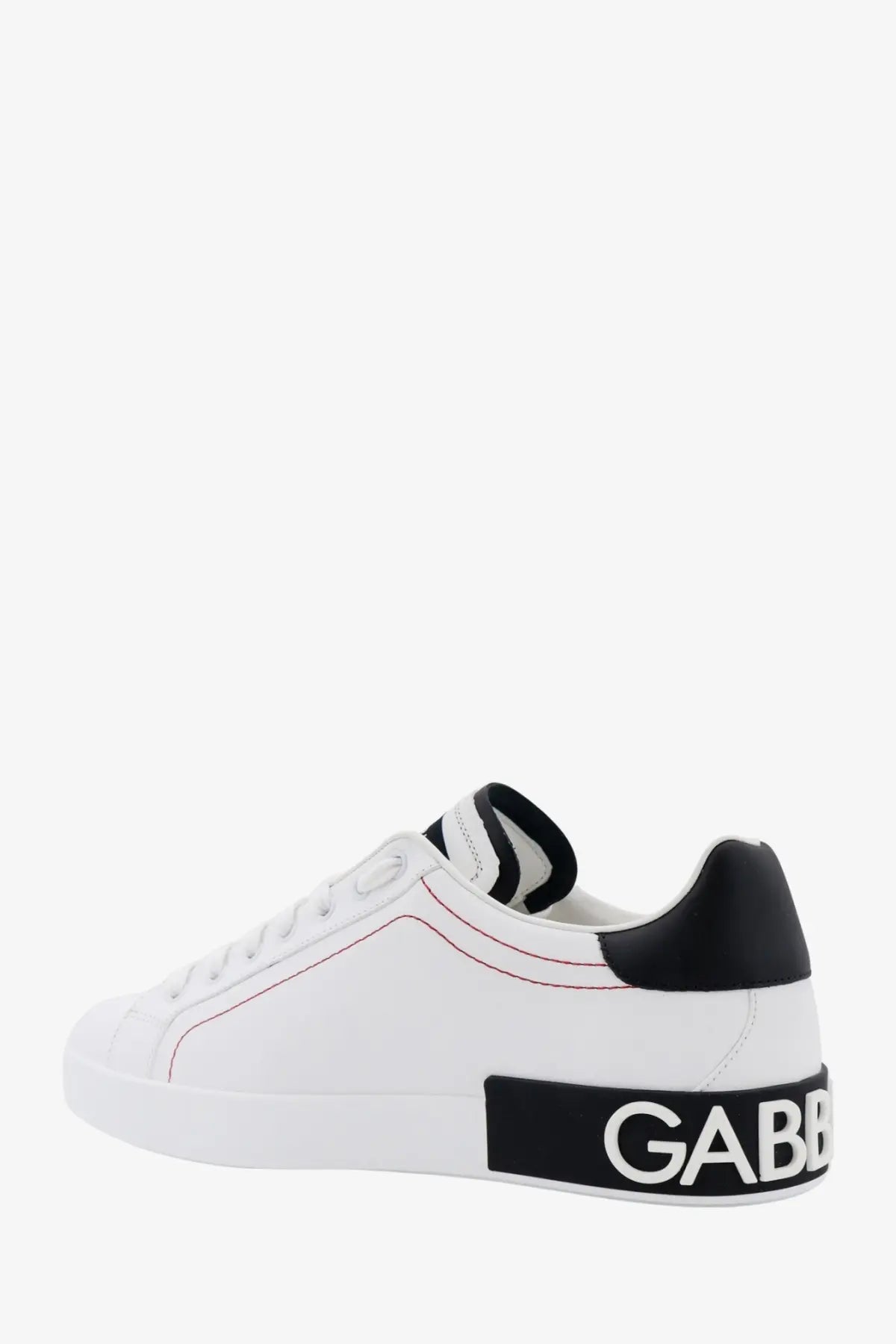 Dolce and Gabbana men’s low top white leather sneaker with black heel tab and bold gabb branding on the midsole