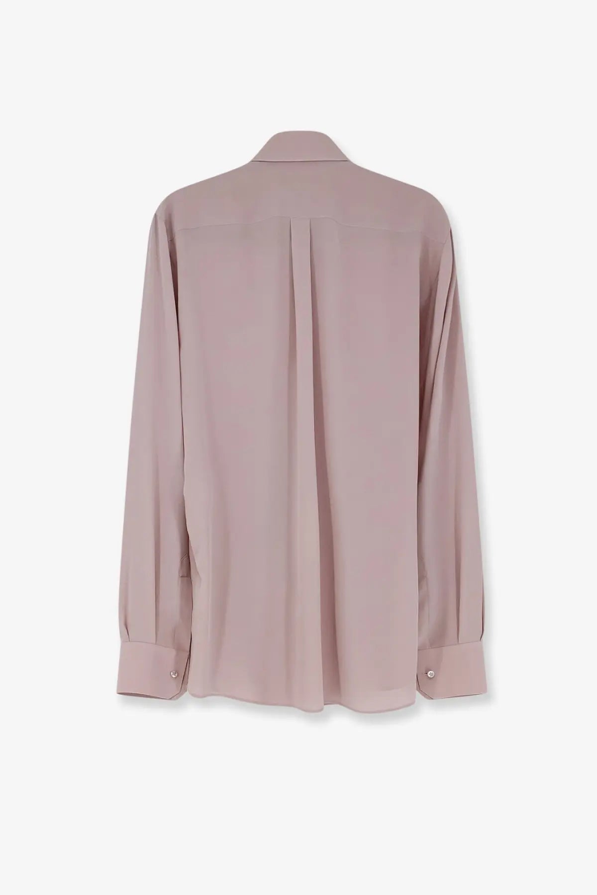 Dolce &amp; gabbana men’s martini silk shirt bronze shown from back with soft mauve silk blouse pleats and classic collar