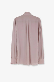 Dolce &amp; gabbana men’s martini silk shirt bronze shown from back with soft mauve silk blouse pleats and classic collar