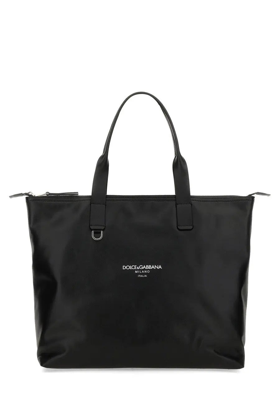 Dolce &amp; Gabbana men’s medium shopping bag black with sleek glossy nylon exterior and black leather handles