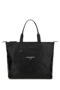 Dolce &amp; Gabbana men’s medium shopping bag black with sleek glossy nylon exterior and black leather handles