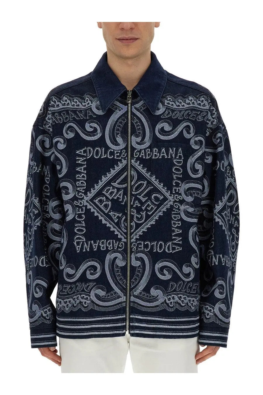 Dolce &amp; Gabbana men’s navy cardigan with intricate white paisley and brand name patterns on front