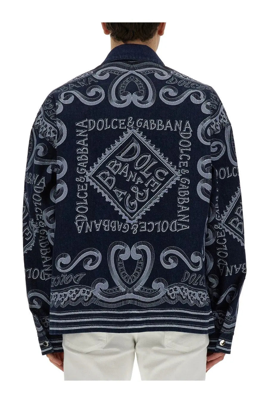 Dolce &amp; Gabbana men’s navy blue denim jacket with intricate white embroidery and branded detailing