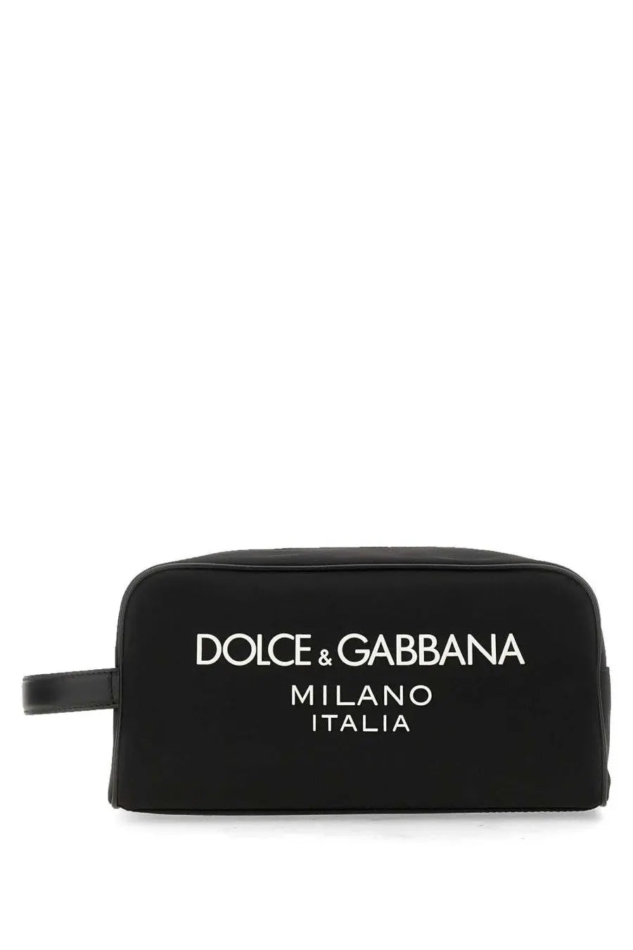 Dolce &amp; Gabbana men’s necessaire black toiletry bag with white logo and short handle for travel and grooming