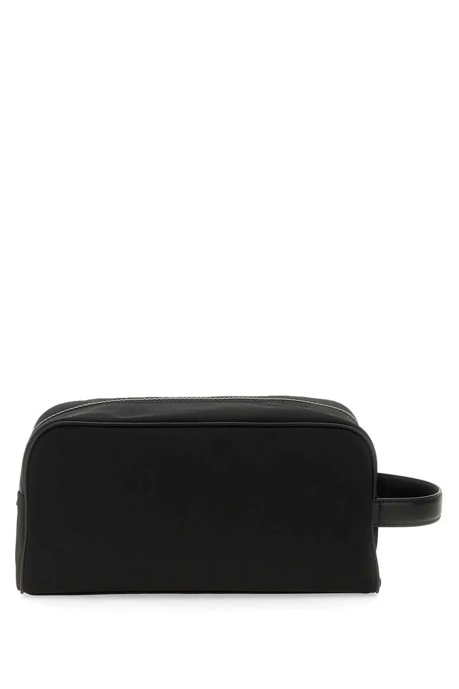 Dolce &amp; Gabbana men’s necessaire black nylon toiletry bag with short leather handle and contrasting white stitching