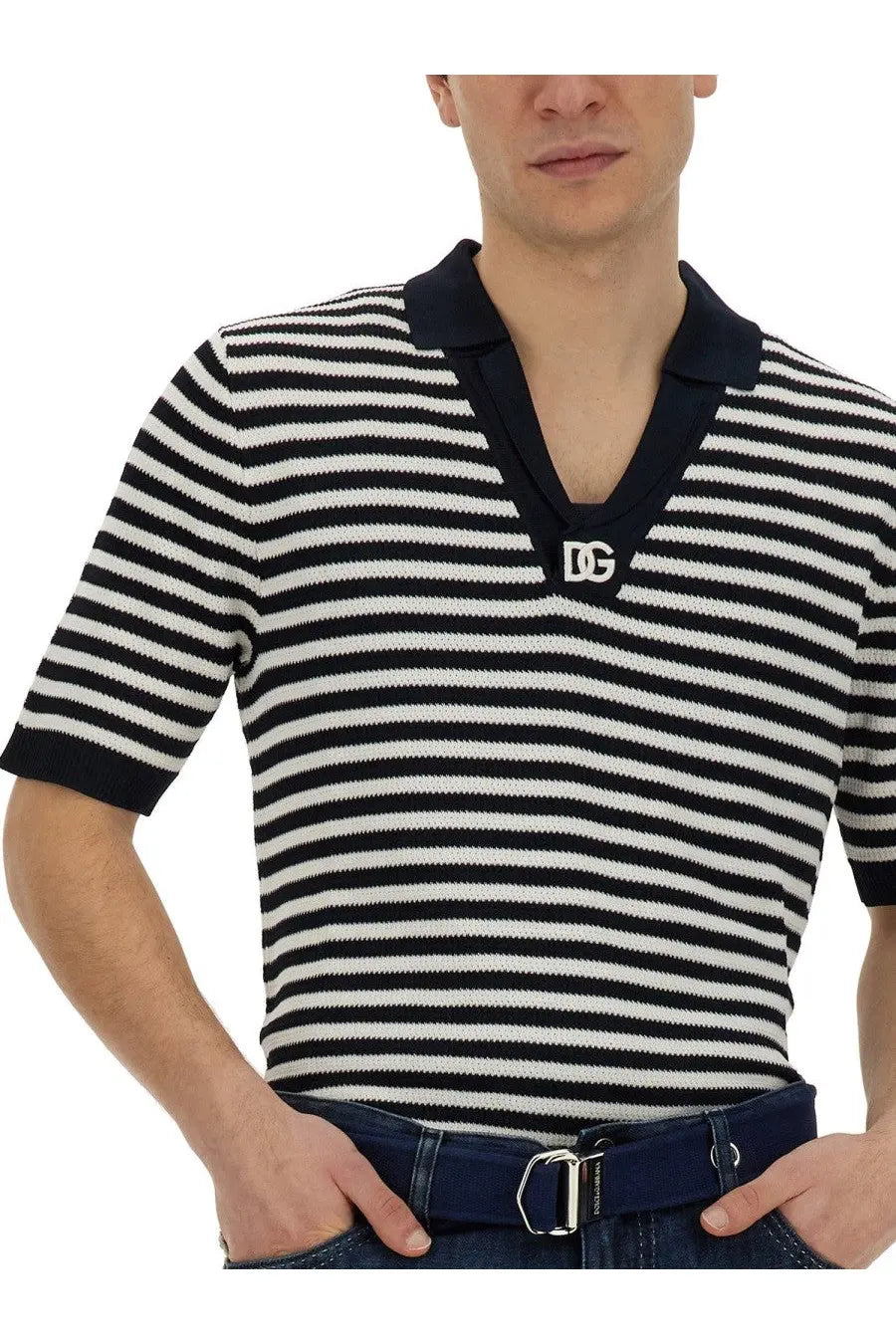 Dolce &amp; Gabbana men’s short-sleeved knit polo shirt in black and white stripes with navy collar and dg logo