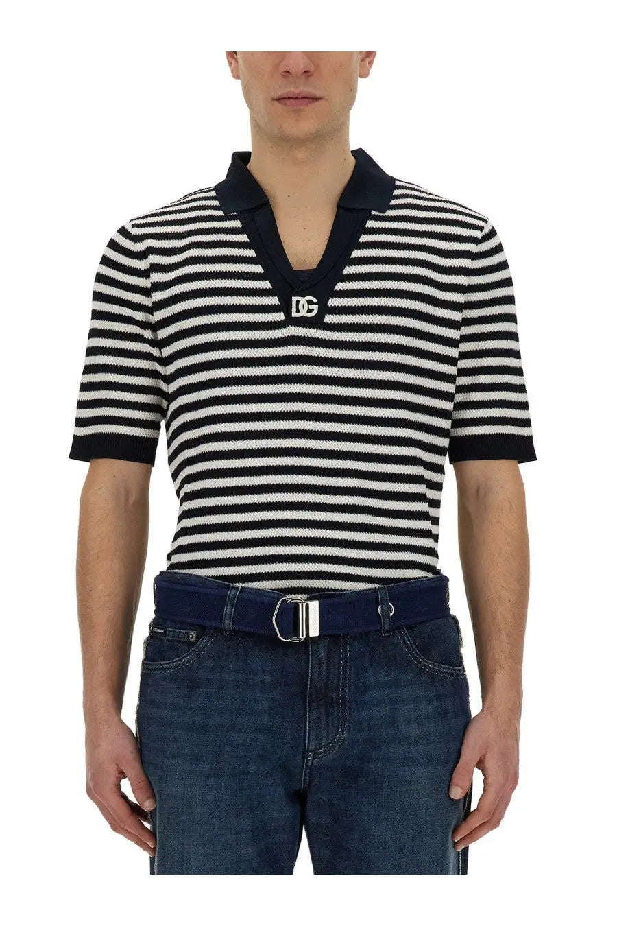 Dolce &amp; Gabbana men’s neck polo shirt with black and white stripes, navy collar, and silver dg logo emblem