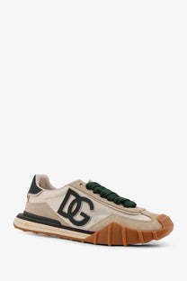 Dolce &amp; Gabbana men’s beige and brown suede sneaker with black dg logo green laces and chunky rubber sole