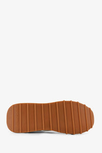 Back view of dolce &amp; gabbana men’s white nylon sneakers with tan rubber sole and embossed heel detail