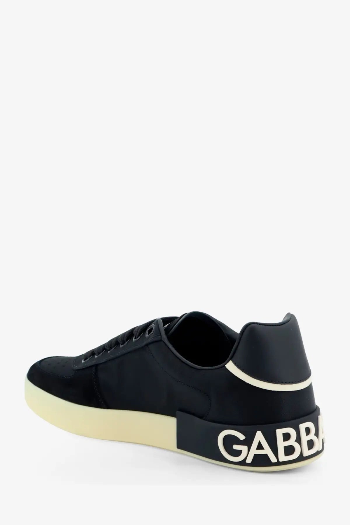 Dolce &amp; Gabbana men’s black low-top sneaker in nylon and suede with cream rubber sole and white gabba branding on heel back side