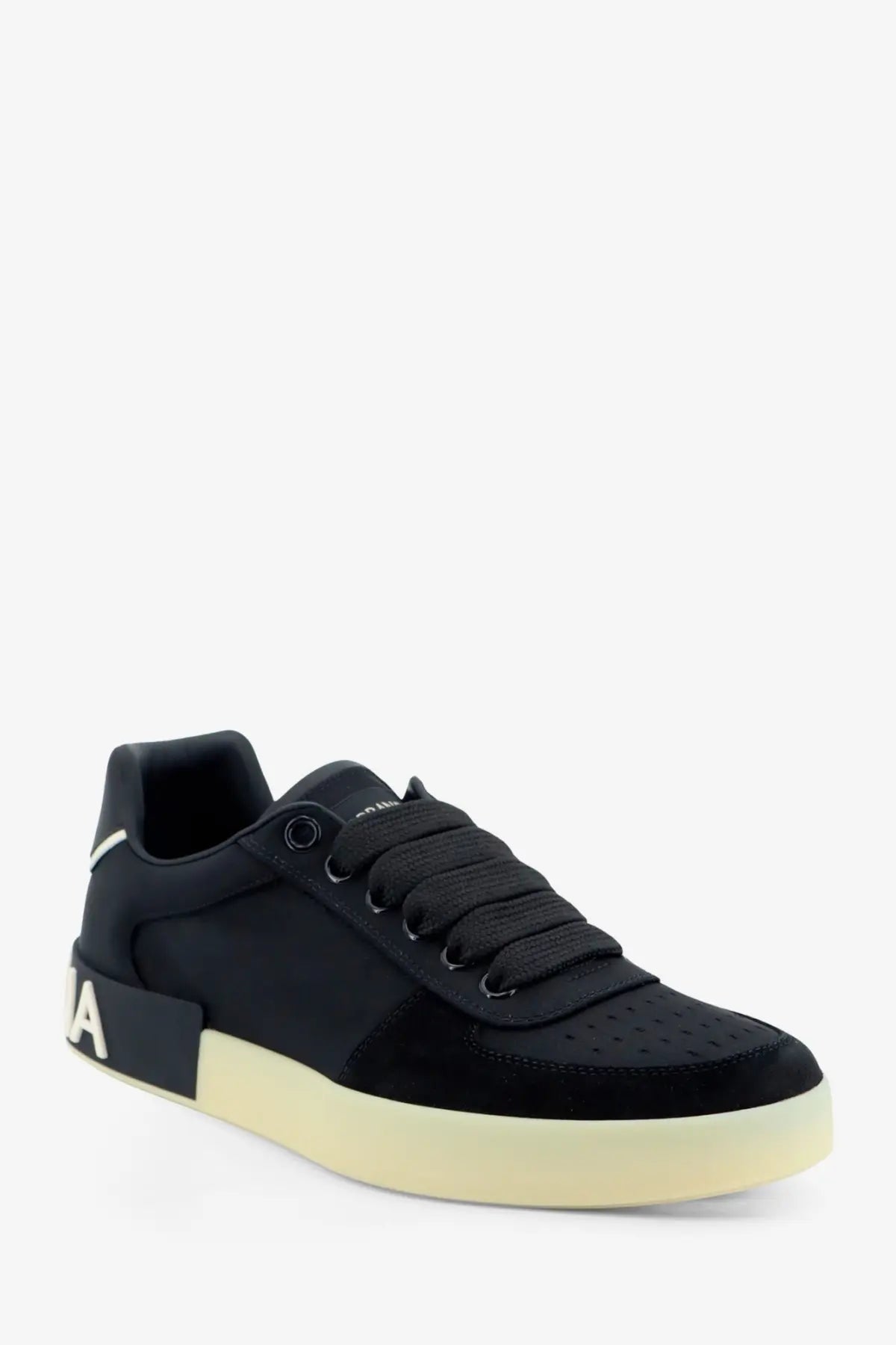 Dolce &amp; Gabbana men’s black low-top sneakers with suede and nylon upper cream rubber sole and white heel branding back view