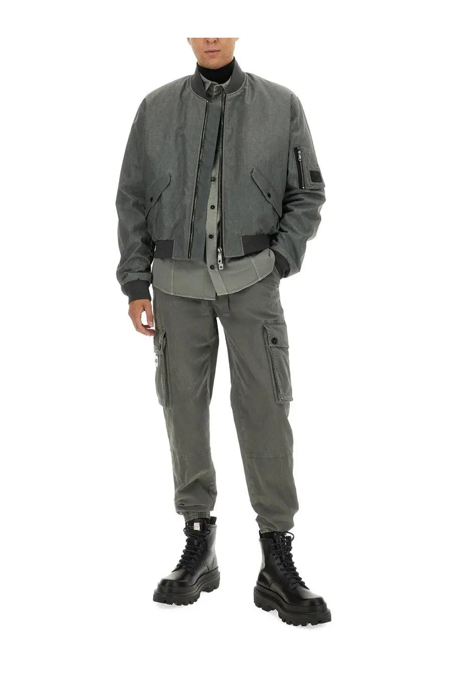 Dolce &amp; Gabbana men’s over shirt in grey bomber jacket style with black trim and zippered pockets