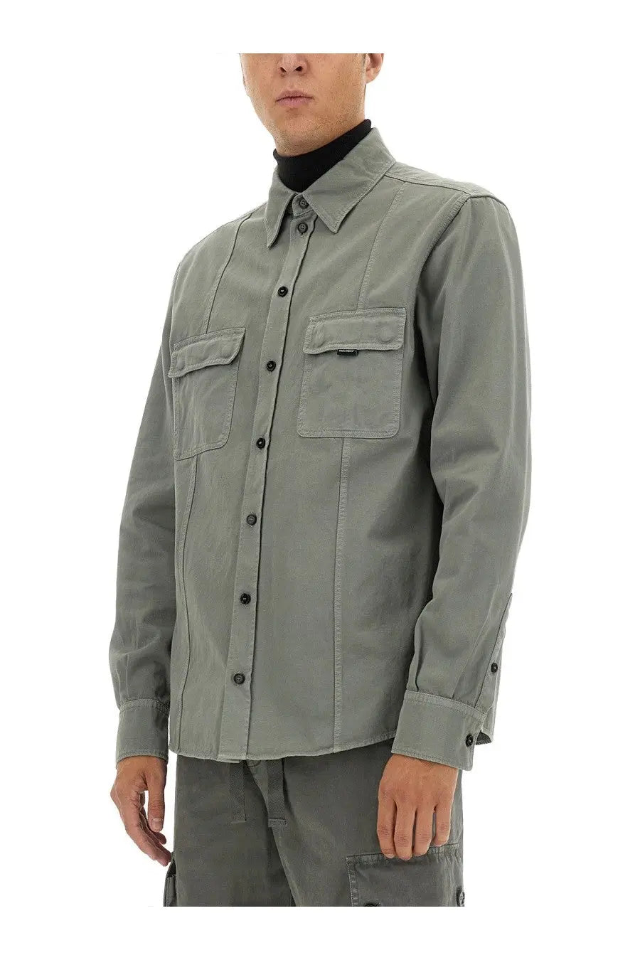 Dolce &amp; Gabbana men’s grey button-up over shirt with two chest pockets and black buttons in cotton blend fabric