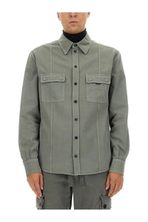 Dolce &amp; Gabbana men’s olive green button-up over shirt with two chest pockets and classic collar