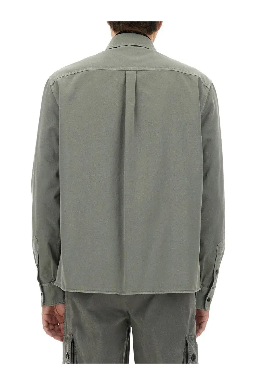 Dolce &amp; gabbana men’s olive green long-sleeved over shirt with structured back and subtle pleats shown from the back