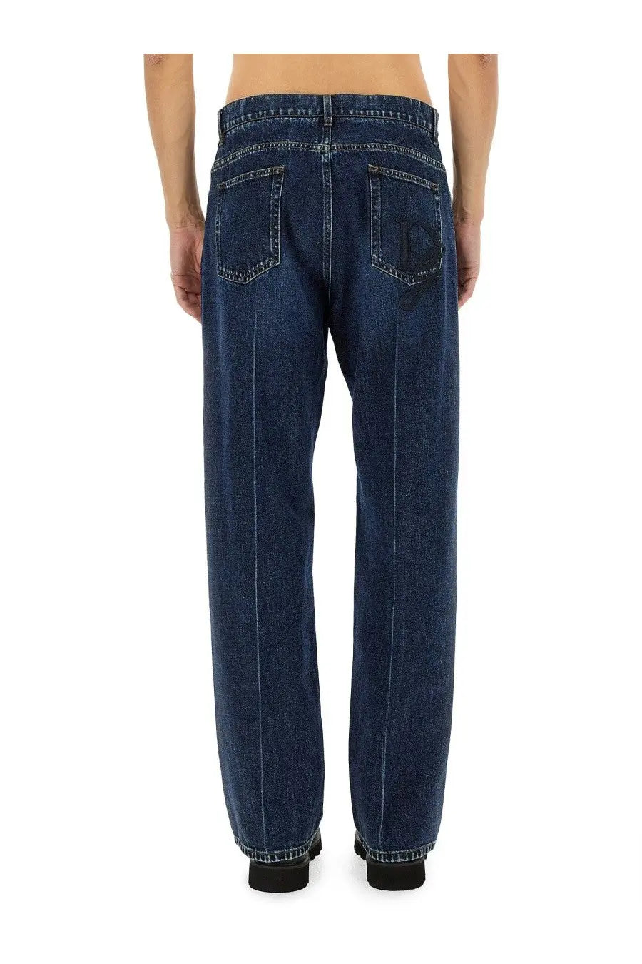 Dolce &amp; Gabbana men’s oversize dark blue denim jeans in relaxed straight-leg cut with visible stitching details