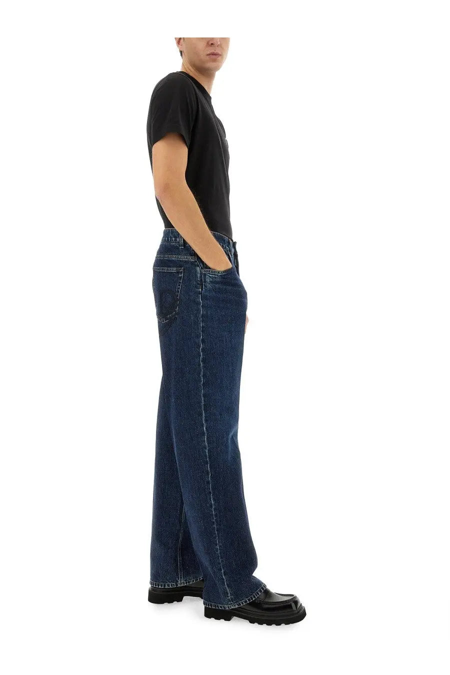 Dolce &amp; Gabbana men’s oversize dark blue denim jeans with wide-leg cut and visible stitching