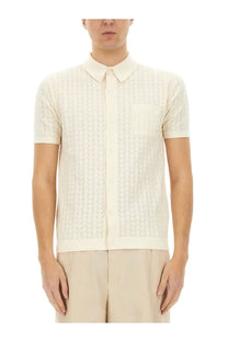 Cream-colored dolce &amp; gabbana men’s perforated cotton knit shirt with short sleeves and button-down collar