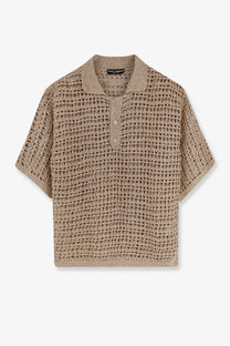 Beige knitted polo shirt with mesh pattern and short sleeves from Dolce &amp; Gabbana men’s perforated linen sweater grey collection