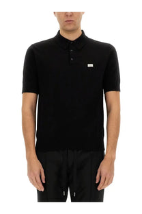 Dolce &amp; gabbana men’s black short-sleeved polo shirt with subtle textured knit and small chest logo patch