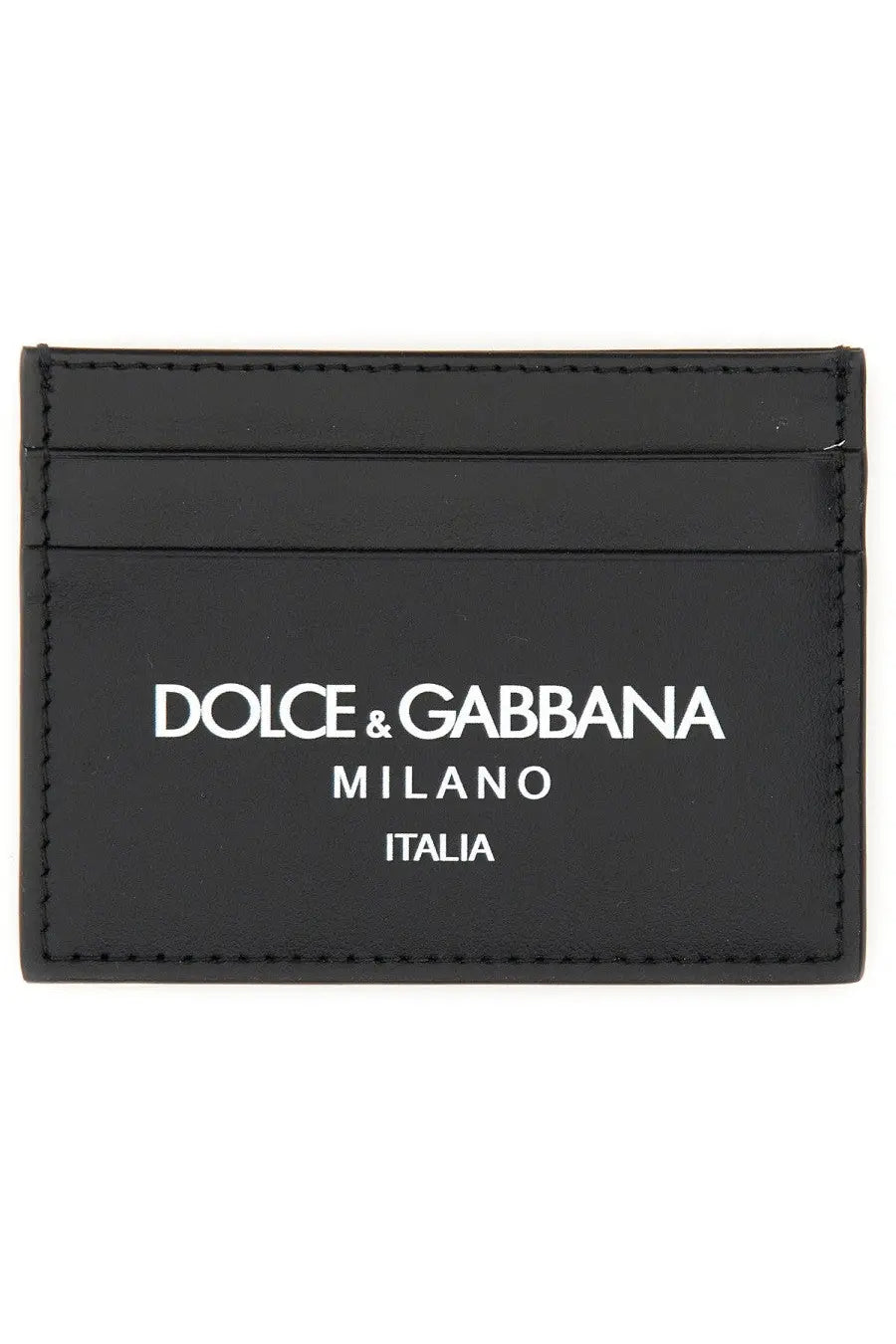 Dolce &amp; Gabbana men’s black leather card holder with white embossed Milano Italia branding front view
