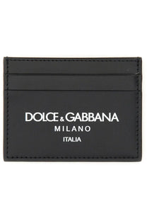 Dolce &amp; Gabbana men’s black leather card holder with white embossed Milano Italia branding front view