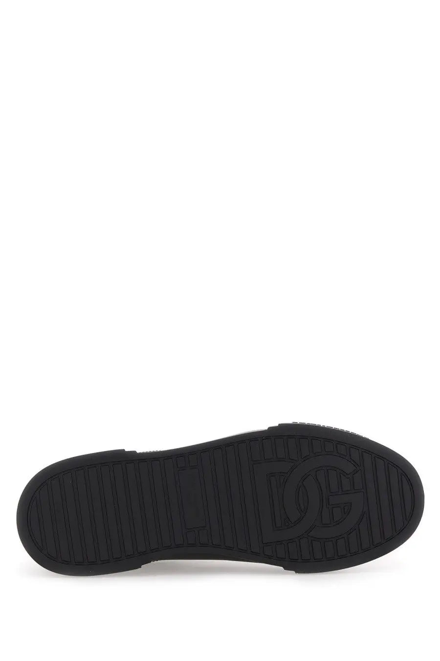 Black rubber sole with embossed dg logo on the Dolce &amp; Gabbana men’s Portfino sneaker black back side