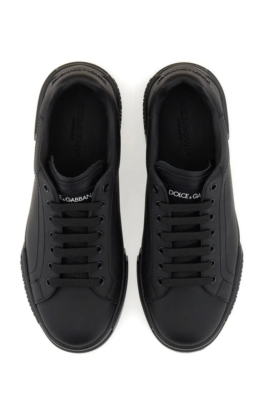Dolce and gabbana men’s portfino sneaker black with sleek glossy leather finish and bold rubber soles