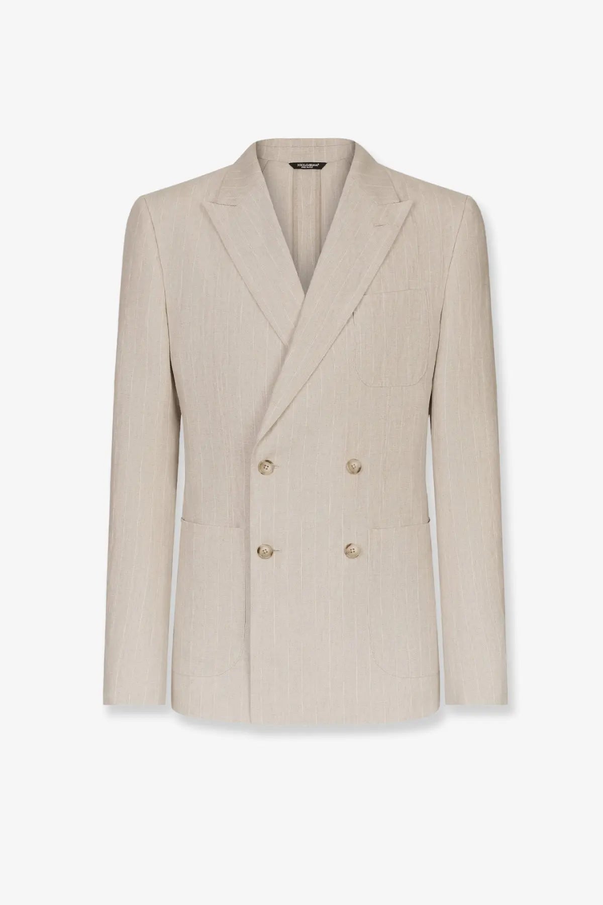 Beige double-breasted dolce &amp; gabbana men’s portofino linen blazer with subtle vertical pinstripes and gold-toned buttons