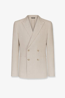 Beige double-breasted dolce &amp; gabbana men’s portofino linen blazer with subtle vertical pinstripes and gold-toned buttons