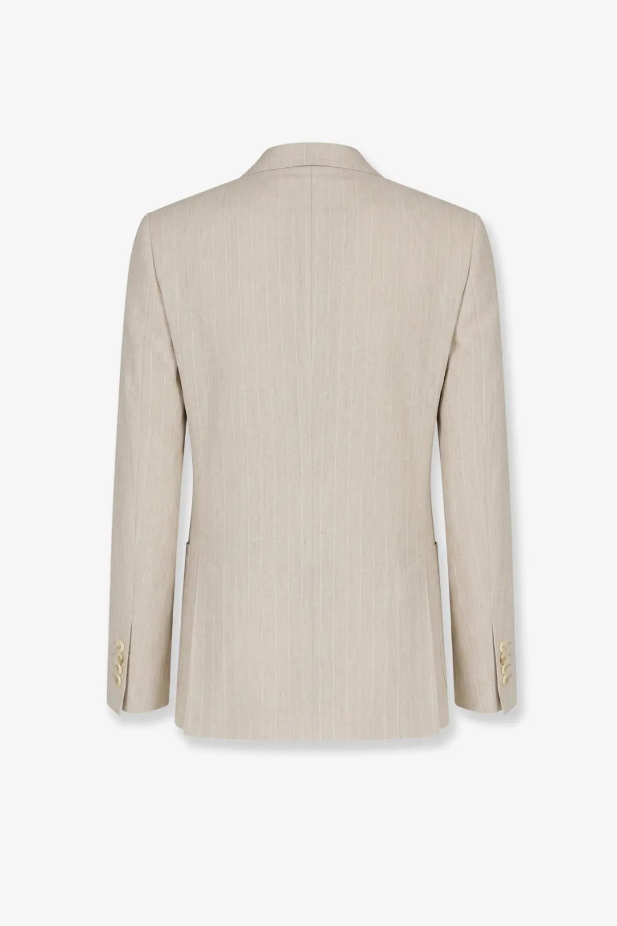 Dolce &amp; Gabbana men’s Portofino beige linen blazer with pinstripes and gold-toned button details on the cuffs