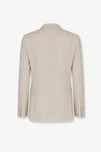 Dolce &amp; Gabbana men’s Portofino beige linen blazer with pinstripes and gold-toned button details on the cuffs