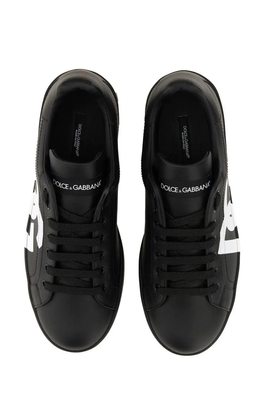 Dolce &amp; Gabbana men’s Portofino black leather sneakers with white logo accents on the sides