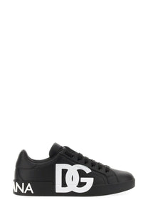 Dolce &amp; Gabbana men’s Portofino black low-top sneaker with bold white DG logo and ana branding on the side