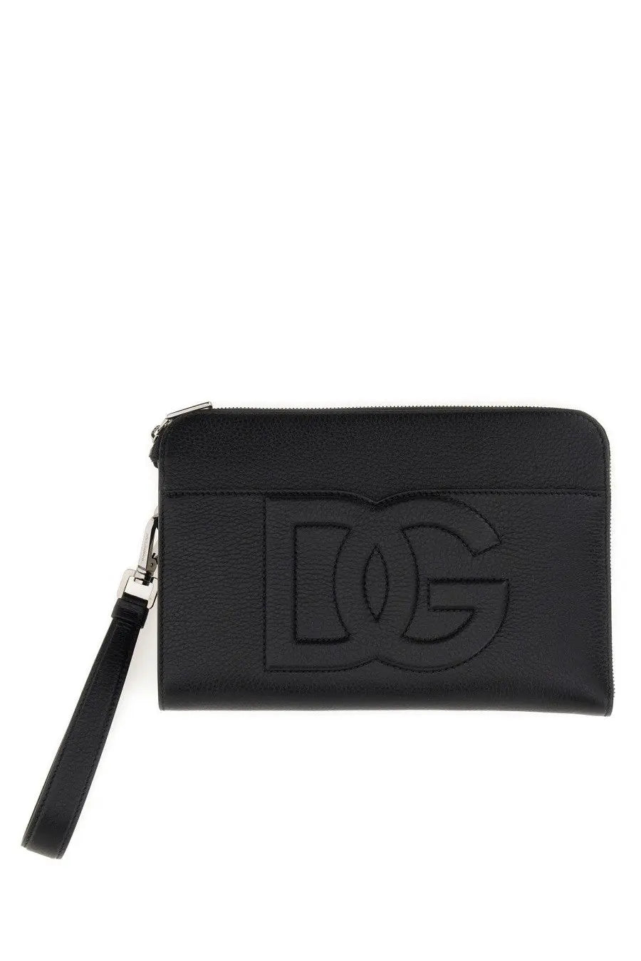 Dolce &amp; Gabbana men’s pouch medium black leather wristlet with embossed DG logo and silver-toned zipper closure