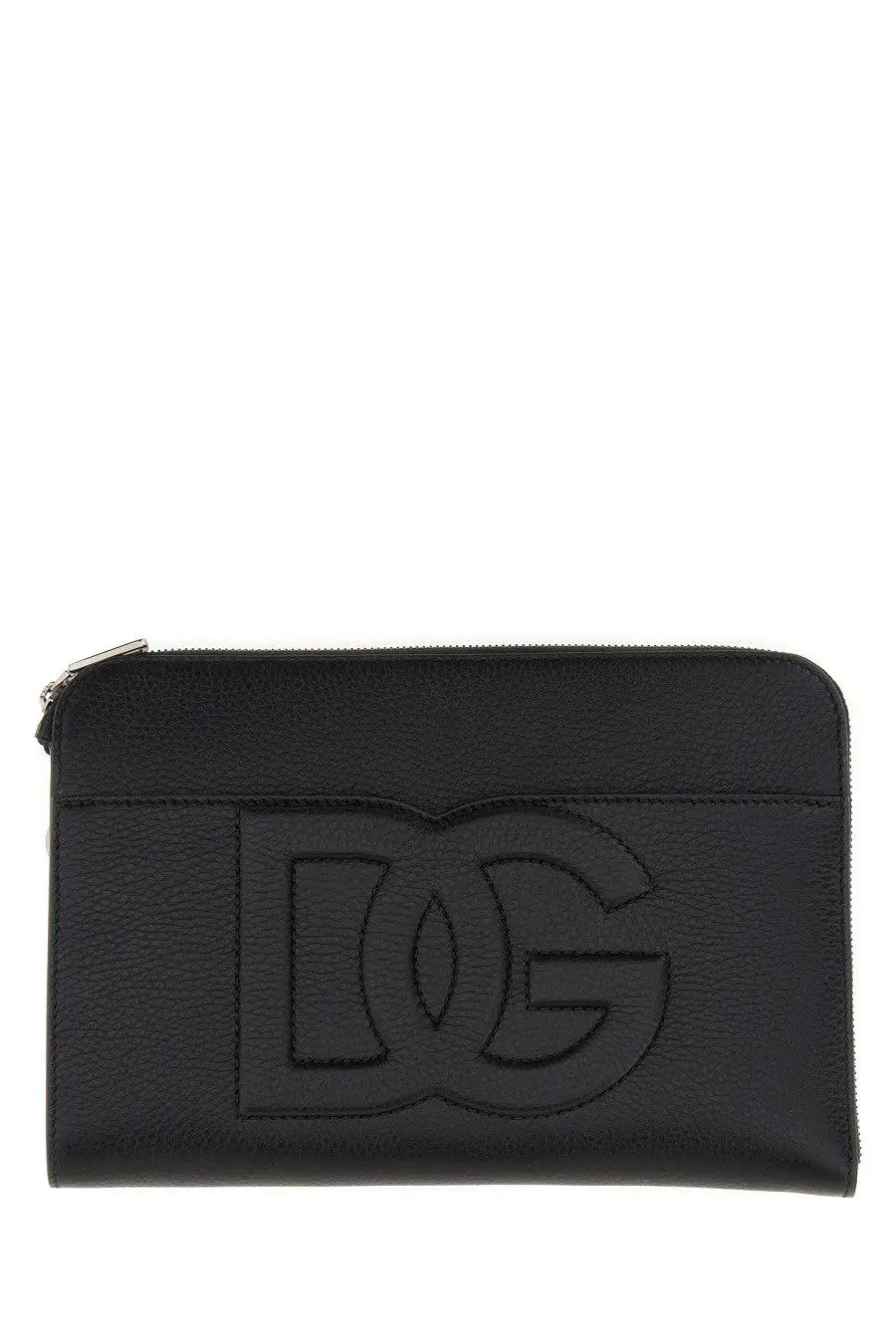 Dolce &amp; Gabbana men’s medium black leather pouch clutch with sleek embossed dc logo and silver zipper closure