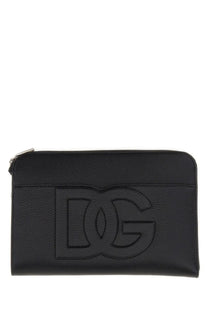 Dolce &amp; Gabbana men’s medium black leather pouch clutch with sleek embossed dc logo and silver zipper closure