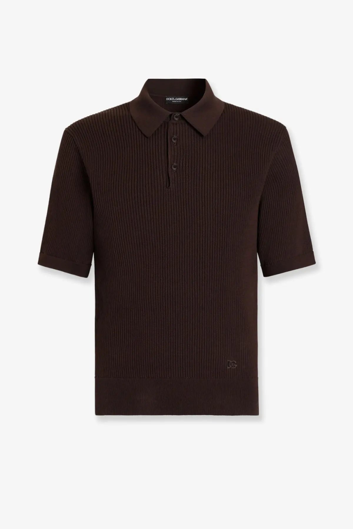 Dark brown ribbed cotton polo shirt with classic collar and dolce &amp; gabbana logo embroidered on left chest