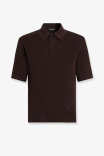 Dark brown ribbed cotton polo shirt with classic collar and dolce &amp; gabbana logo embroidered on left chest