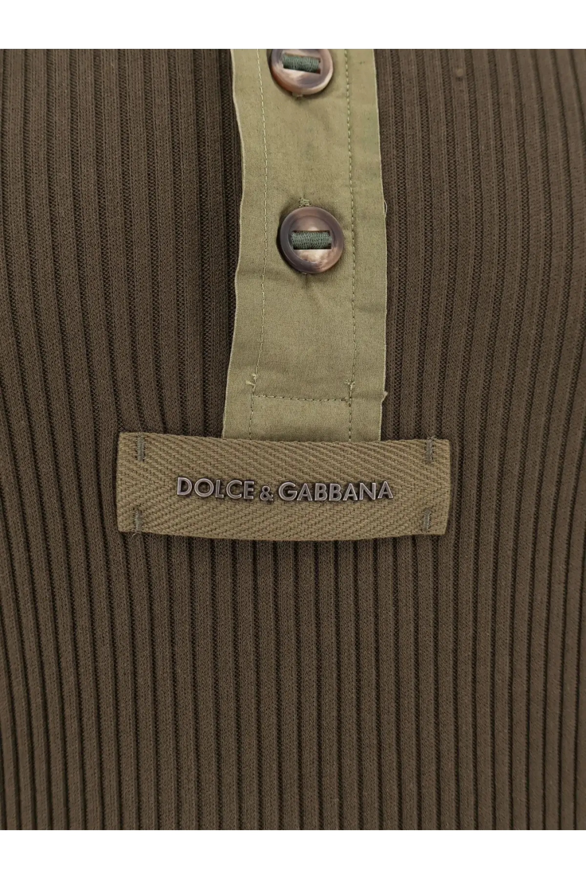 Dolce &amp; Gabbana men’s olive green ribbed cotton polo shirt with matching button placket and metallic buttons