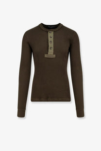 Dolce &amp; Gabbana men’s olive green ribbed cotton henley top with long sleeves four buttons and branded label at neckline