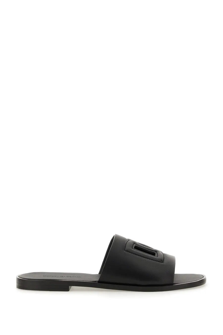 Dolce &amp; Gabbana men’s black leather slide sandal with rectangular logo detail on the strap